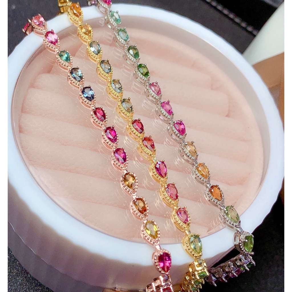 Gelang S925 Silver Gold 18k Hias Turmalin Warna Pelangi Untuk Wanita