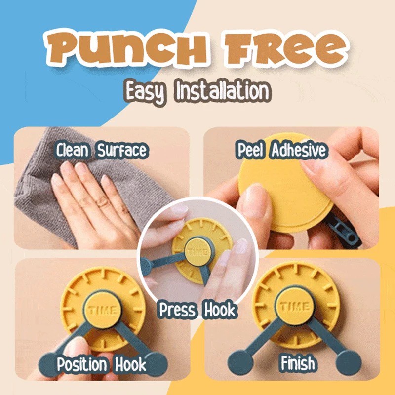 Gantungan Tempel Dinding 2 Kait Model Jam Time Holder / Cantelan Gantung Tas Kunci Kabel Baju Peralatan Dapur Ruang Tamu / Double Hook Holder Tempel Tembok Dinding Kaca Kayu 2 Pengait Interior Minimalis Modern Warna Pastel Serbaguna-7