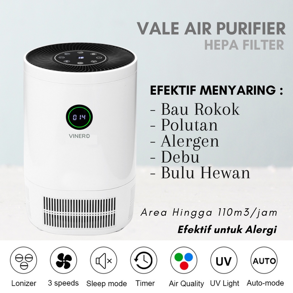 Vinero Vale Air Purifier UV Light HEPA Filter ION Negatif Disinfection