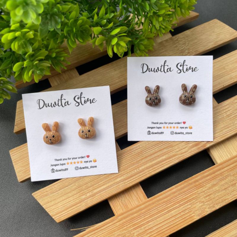 HANDMADE ANTING ANAK/DEWASA ANTING TUSUK PLASTIK MOTIF RABBIT-BROWN