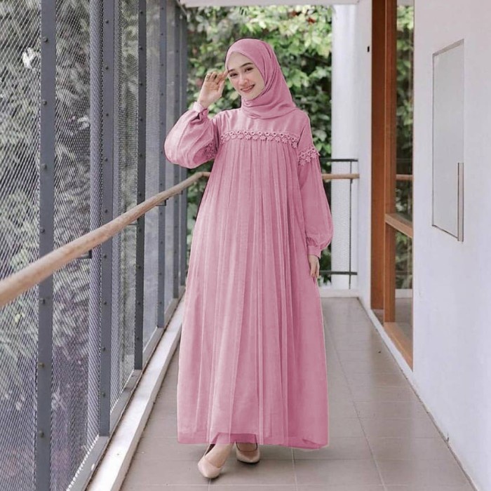 BAJU LEBARAN GAMIS WANITA NURAINI TILE BAJU PESTA MURAH - Merah Muda