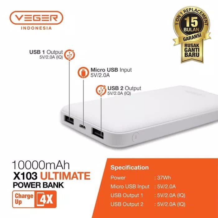 POWER BANK POWERBANK VEGER X103 10000 mAh Ultimate Slim Dual Usb Port