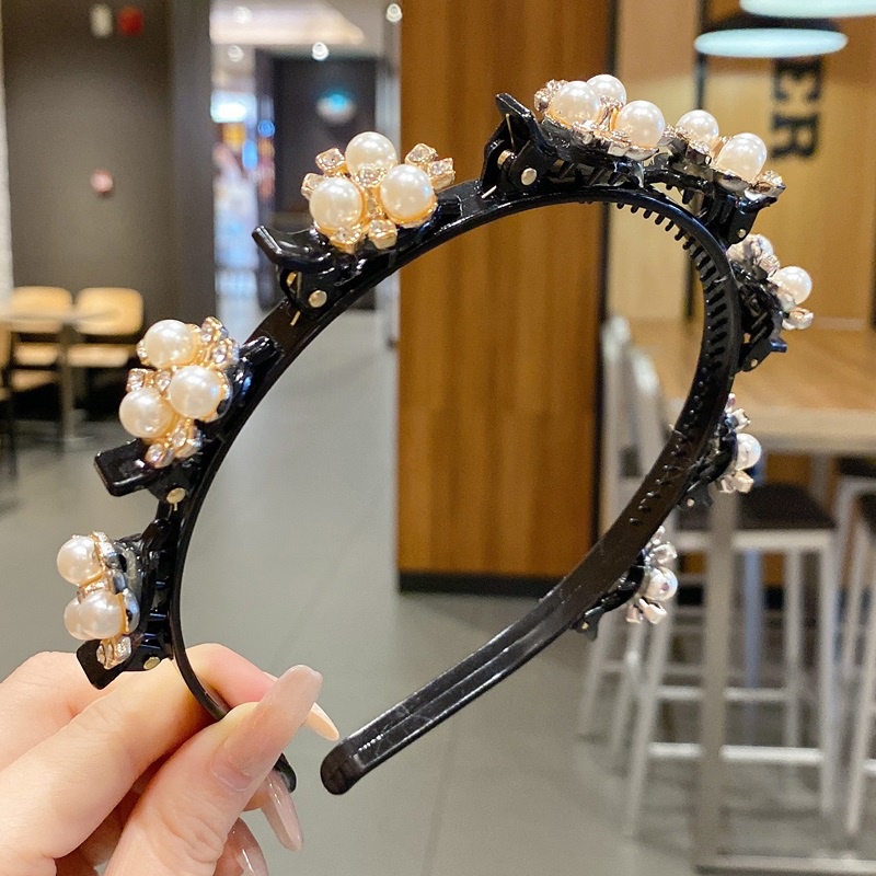 Korean Pearl Headband Bangs Hairstyle Multi-layer Hollow Woven Headband with Tooth Design Alligator Clip Retro Hairband Face Washing Headdress