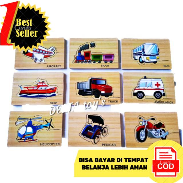 MAINAN EDUKASI ANAK KAYU - PUZZLE KAYU PAKET TRANSPORTASI ISI 9 , APE PAUD TK MAINAN EDUKATIF