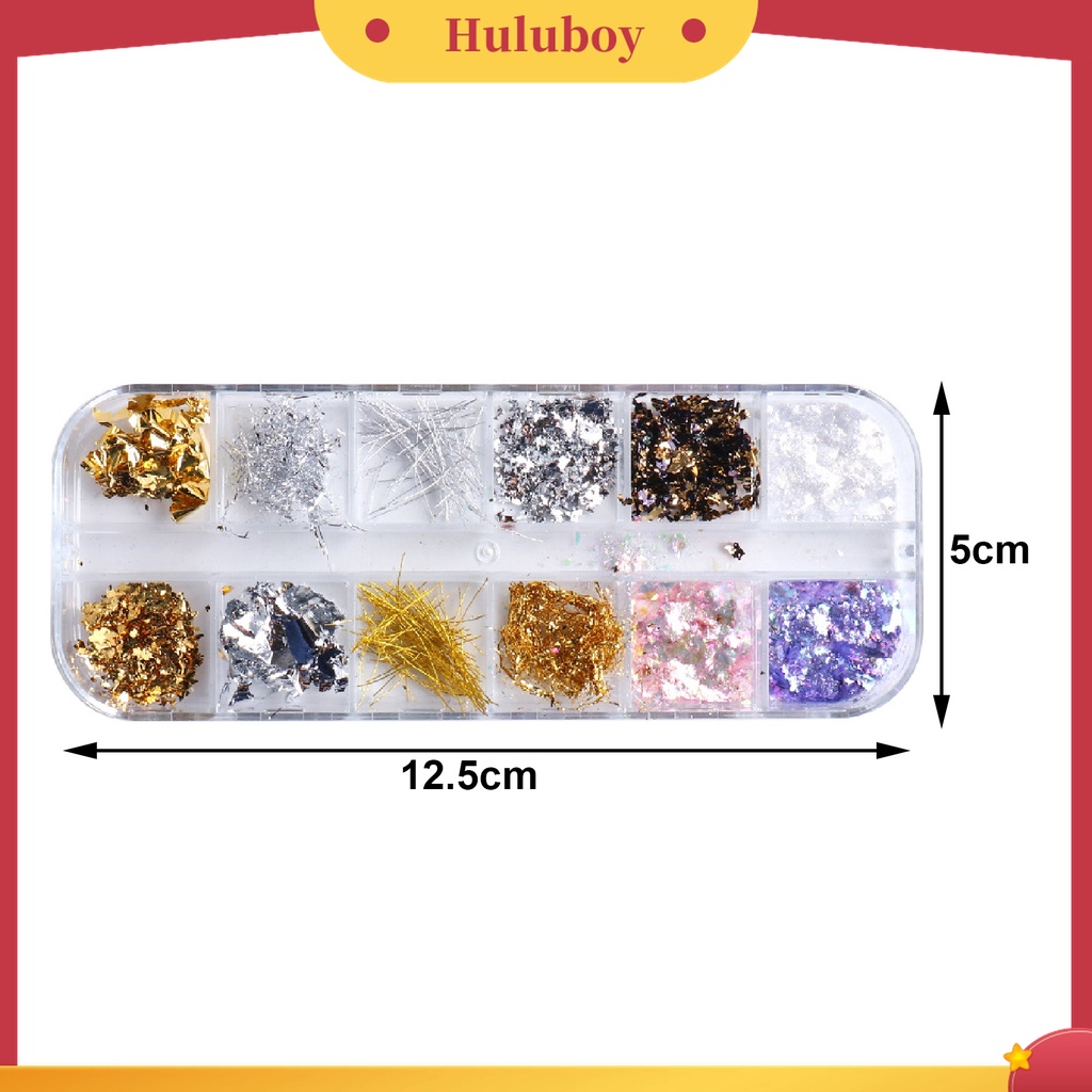 Huluboy Huluboy♡ 1 Kotak 12 Grids Glitter Foil Emas Metalik Untuk Membuat Kerajinan Kuku