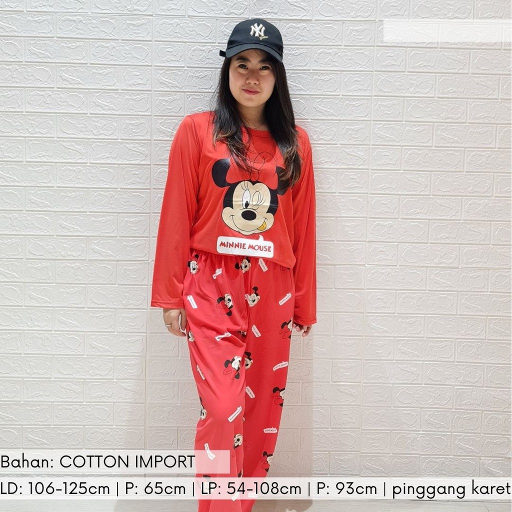 3527 kaos pajamas long red mouse one set import big baju tidur