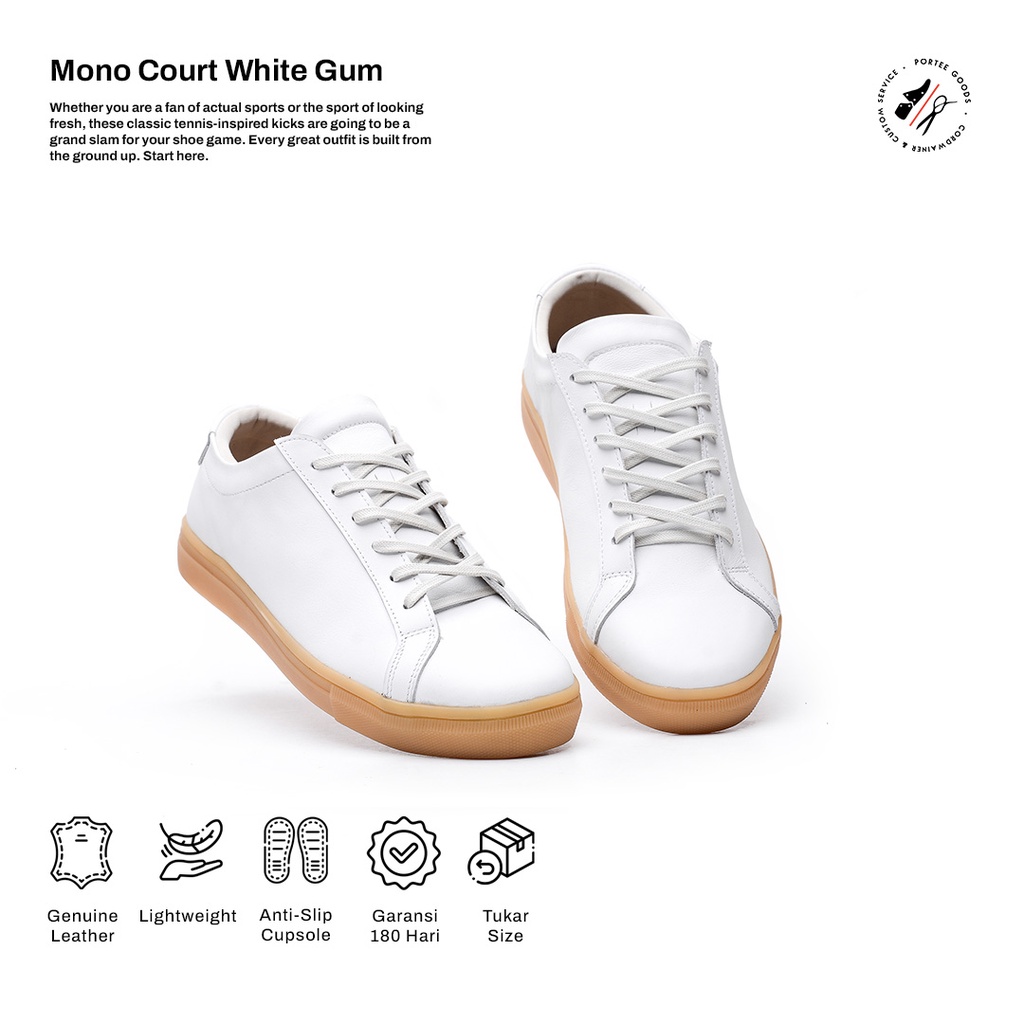 Portee Goods Sepatu Kulit Sneakers Pria Mono Court Classic White Gum