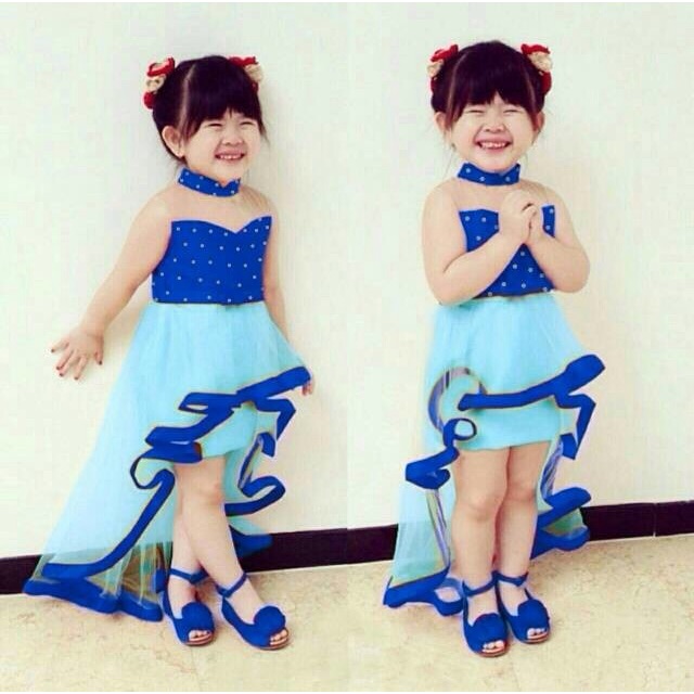 Gaun Pesta Anak Cantik Biru Bhn Katun Polka Mix Tile&Furing |Ariana Dress