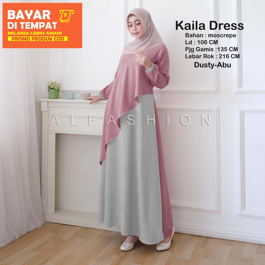 DRESS WANITA MUSLIM KAILA AGEN  BAJU  BAHAN MOSSCREEP ORI 