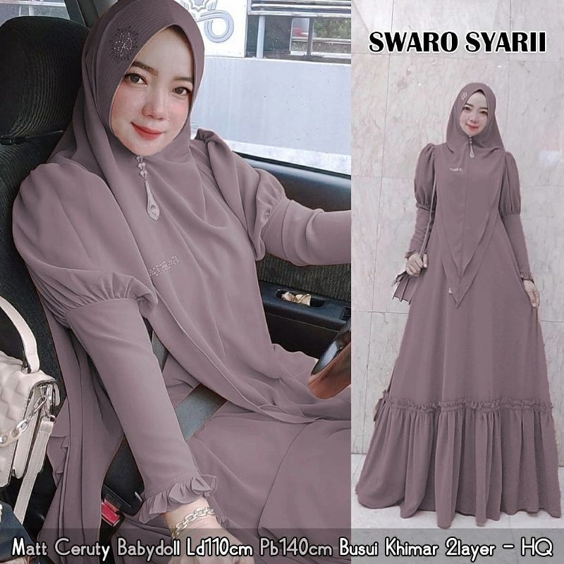 gamis syari polos ceruty babydoll set khimar busui swaro syar'i pesta ceruti