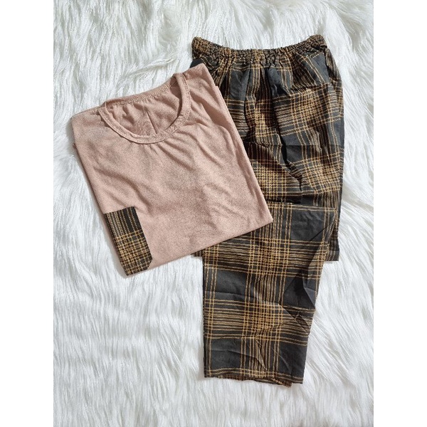 Baju Tidur Piyama Wanita/Cewek Pajamas Dewasa Katun Motif Daun-CP OBLONG GLN OLIVE