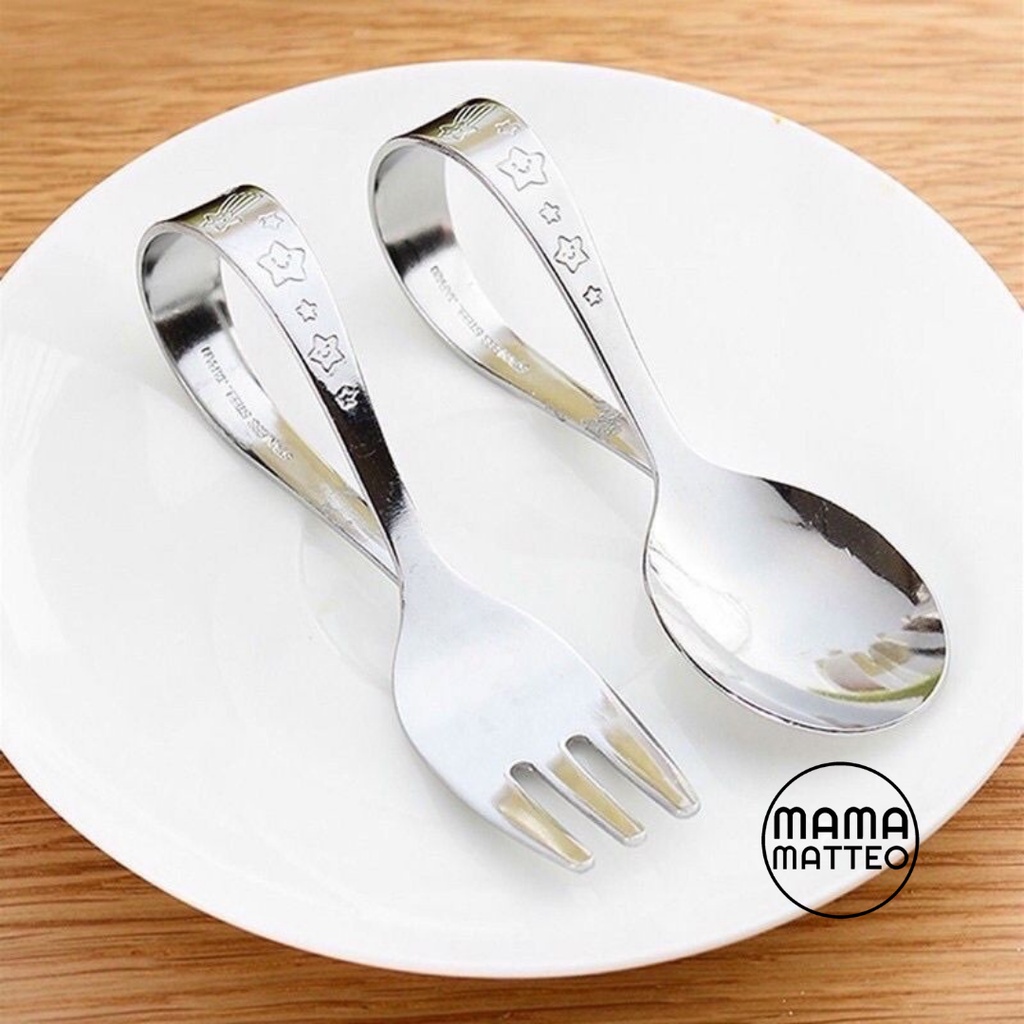 Sendok Garpu Makan Anak Stainless Steel / Sendok Garpu MPASI Traning Anak / Gagang Bulat Spoon Fork Baby Kids Bayi