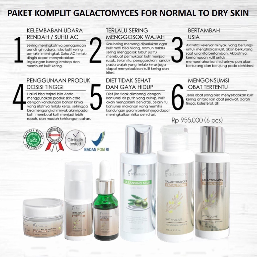 Paket Komplit Galactomyces Brightening &amp; Flex for Normal To Dry Skin dr. Ferihana Cosmetics &amp; Skincare Rangkaian Perawatan Wajah untuk Kulit Normal Kering Kombinasi untuk Mencerahkan Memudarkan Flek Anti Aging dan Keriput BPOM LPPOM HALAL MUI