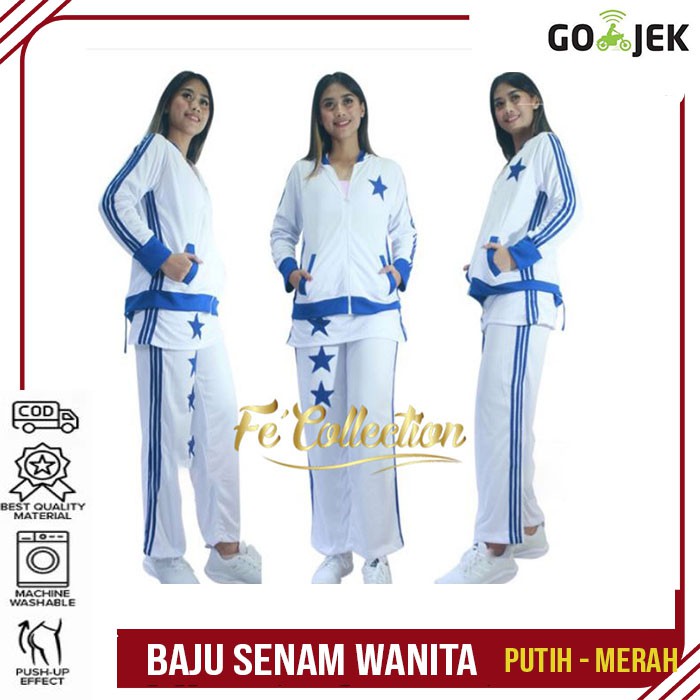 TERLARIS Baju senam Rok putih putih lis biru / set rok senam / setelan senam rok PUTIH LIST BIRU