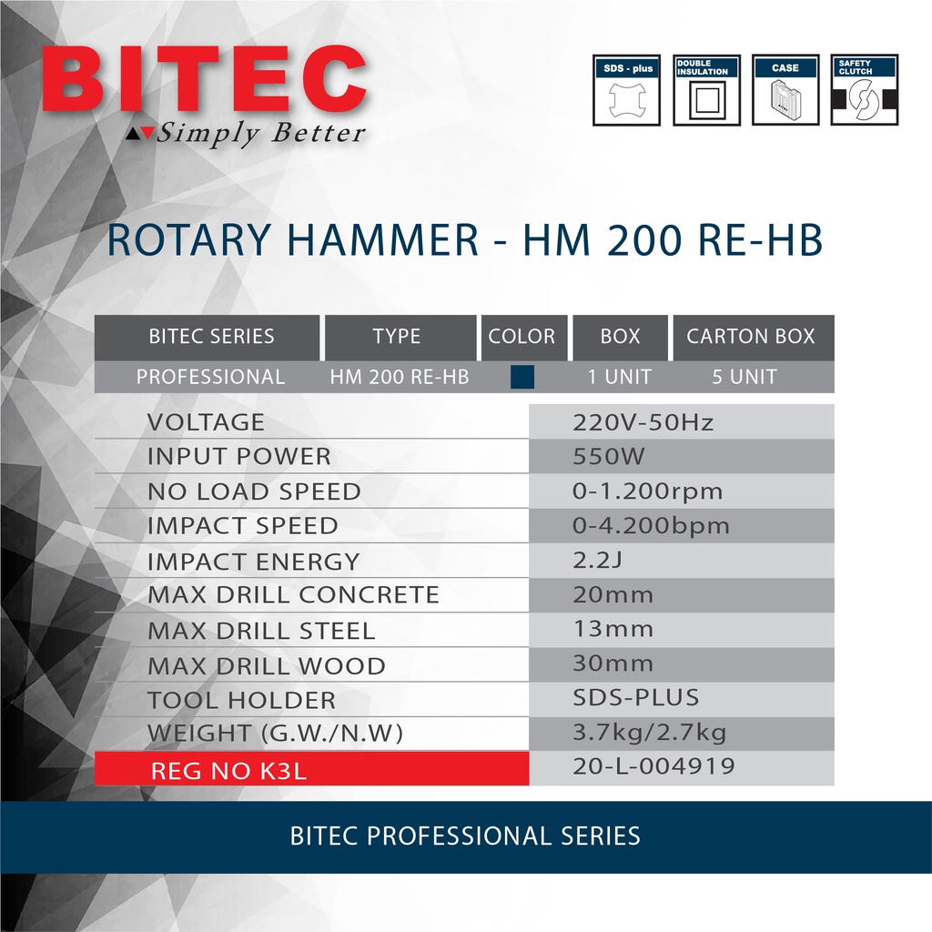 BITEC - MESIN BOR BETON / ROTARY HAMMER - HM 200 RE-HB - GARANSI RESMI 1 TAHUN