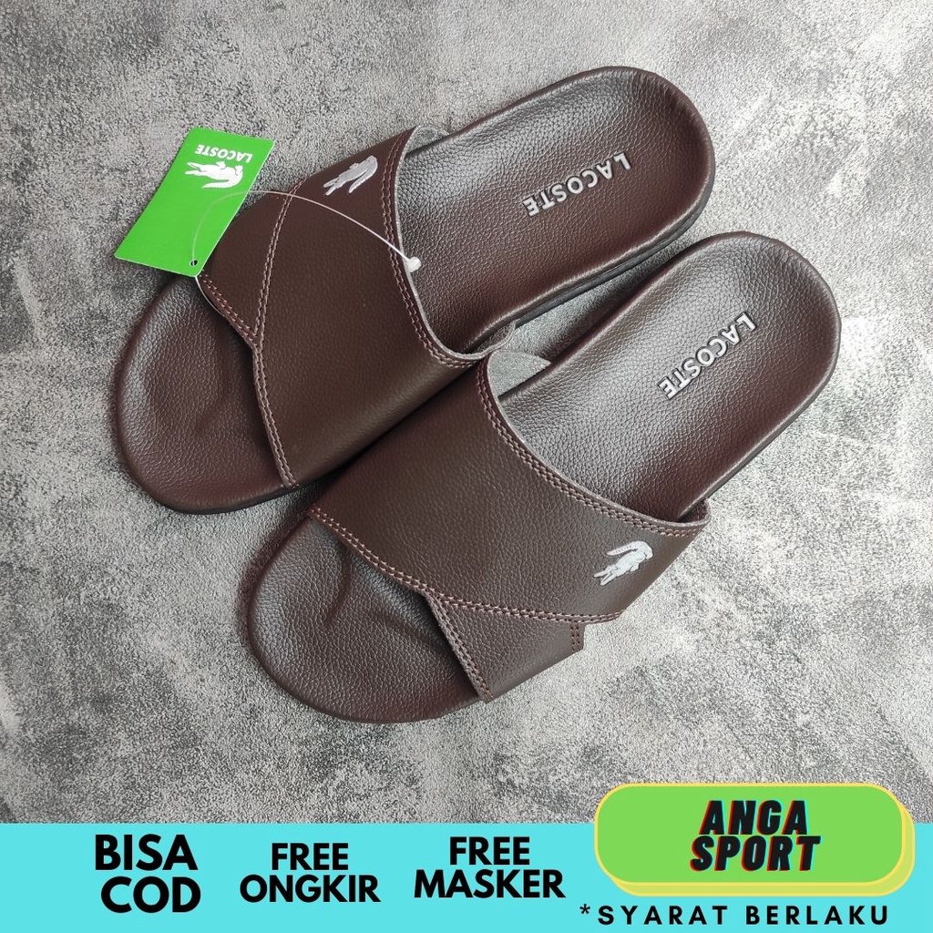 SANDAL PRIA SLIDE LACOSTE CROCO COKLAT PREMIUM  / SANDAL SLOP COWOK SEMI KULIT CASUAL / SENDAL SELOP SANTAI DEWASA KEREN SIZE 39-43