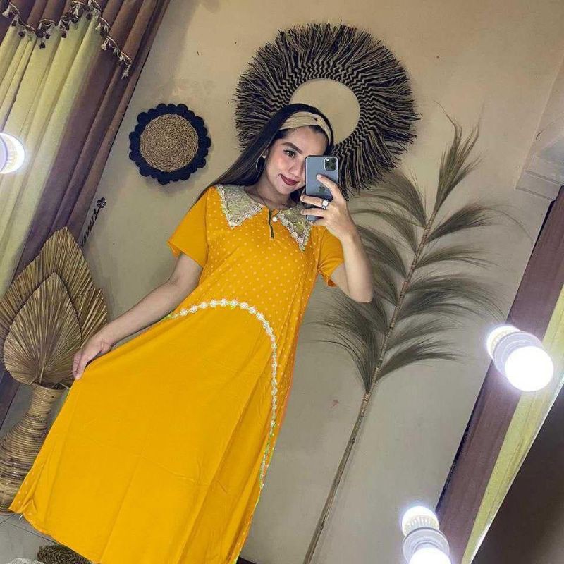 Daster Kekinian Resleting Depan Rayon Tebal Berkualitas Adem Lubna Polka Fashion Wanita-Kuning