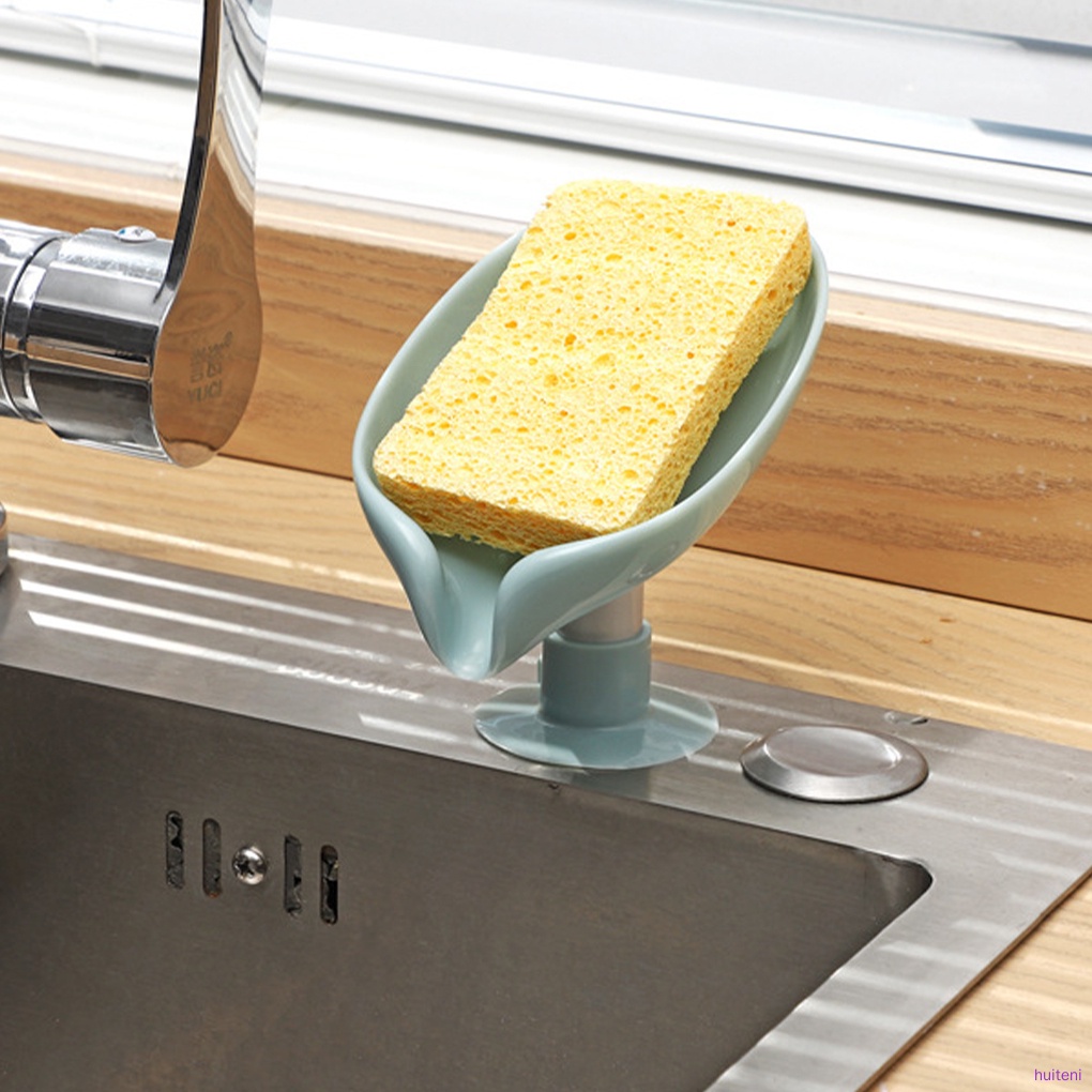 Sponge Holder Sponge Draining Rack Leaf Shape Plastic Tray Draining Dish Kitchen Bathroom Supplies, Green huiteni.id