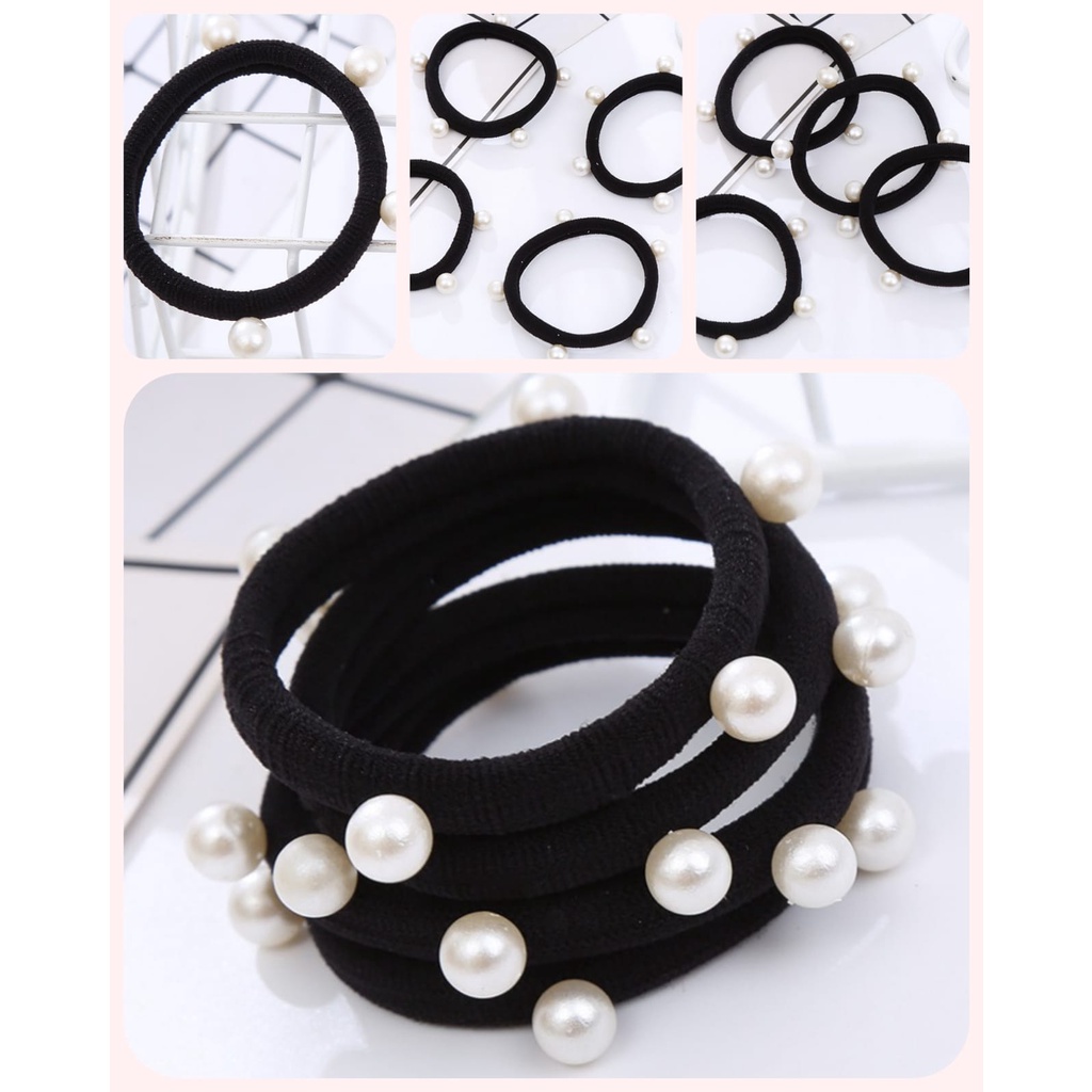 Ikat Rambut Korea Towel Ring Set ( isi 50pcs)-HITAM MUTIARA (5pcs)