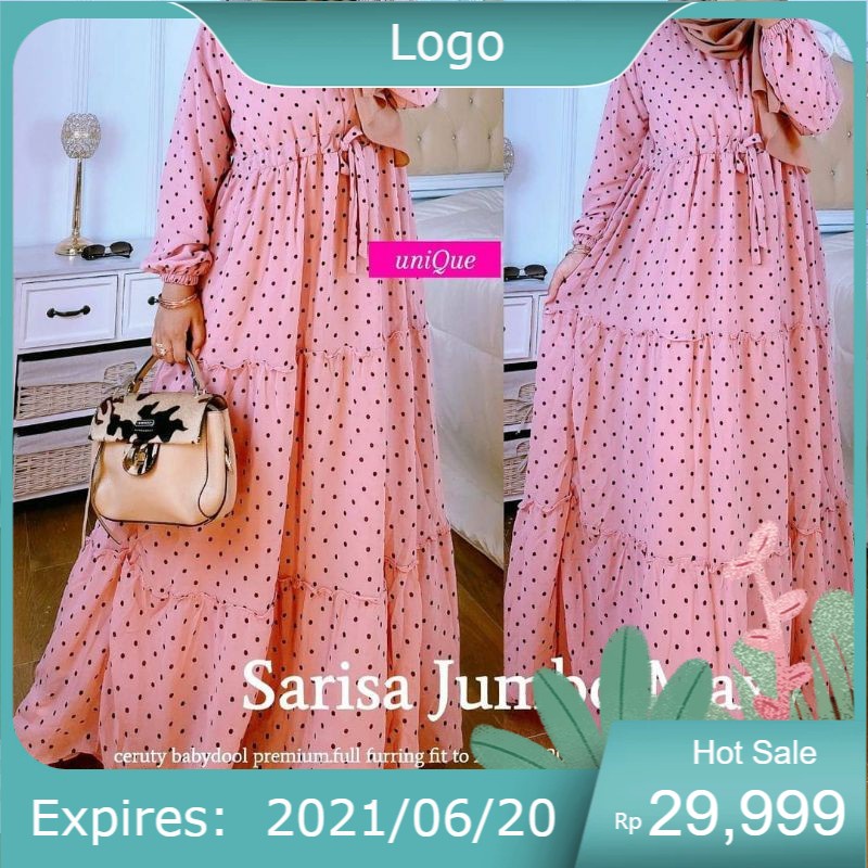Sarisa Jumbo Maxy ori by unique / dress ceruty gamis busui motif polka ld 120 fit xxl murah kekinian