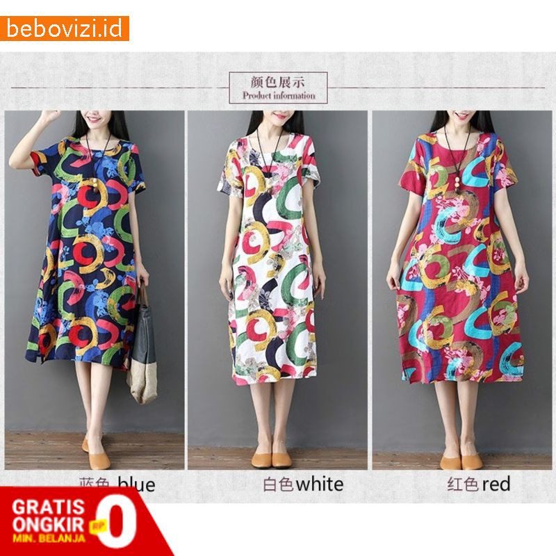 A-Line Dress Longgar Katun Linen Lengan Pendek Midi Wanita Bohemian Robe Femme