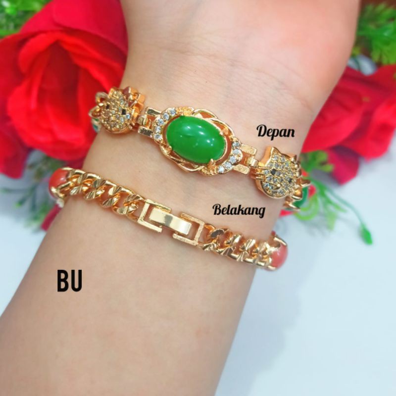 NEW!!! TERBARU GELANG TANGAN WANITA TITANIUM MOTIF HK DAN BATU GIOK ANTI ALERGI LAPIS EMAS GOLD