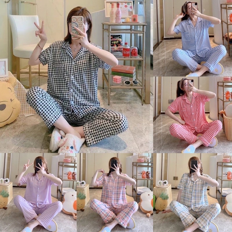 Piyama Kotak-Kotak Lengan Pendek Korea