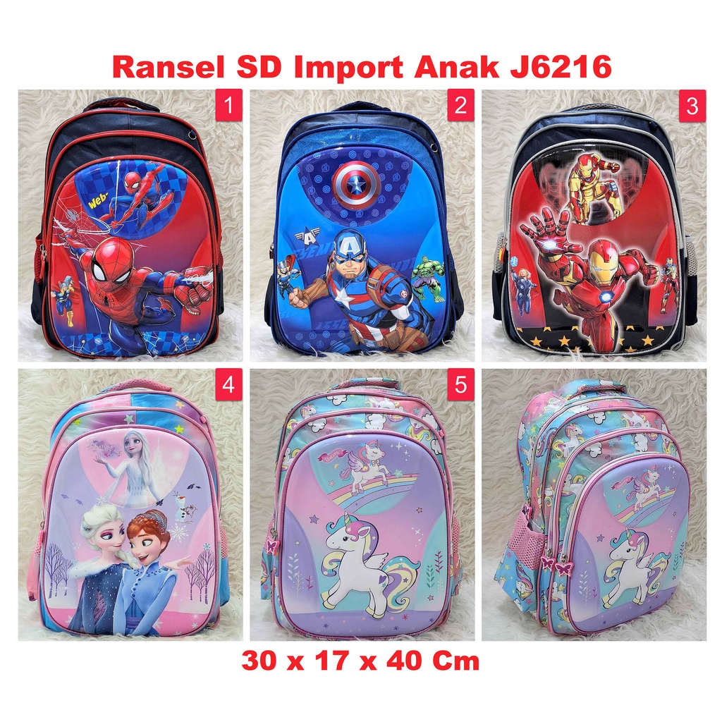 Tas Ransel sekolah anak SD unicorn spiderman frozen 2 iron man besar awet captain america pink purpl