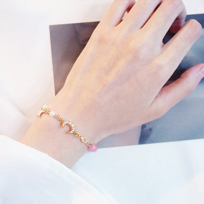 Gelang Rantai Tangan dengan Charm Bentuk Bulan, Beads Marmer untuk Wanita