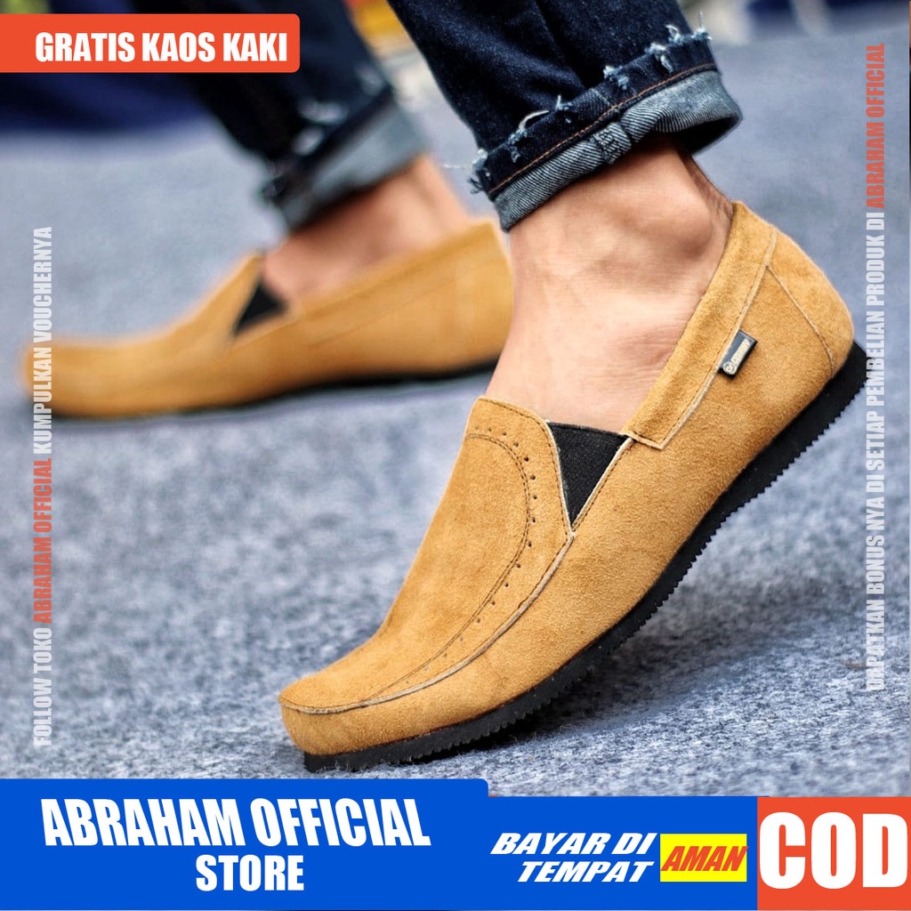 ABRAHAM Sepatu Casual Slip On Kulit Asli Hitam Kerja Slop Pria