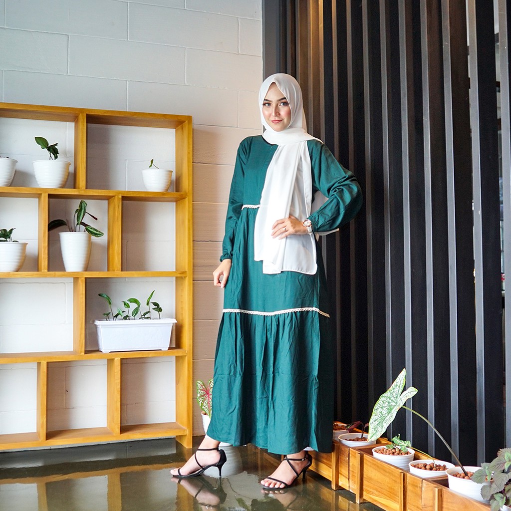 Gamis Renda Susun Polos Remaja Kekinian Rayon Premium Wanita