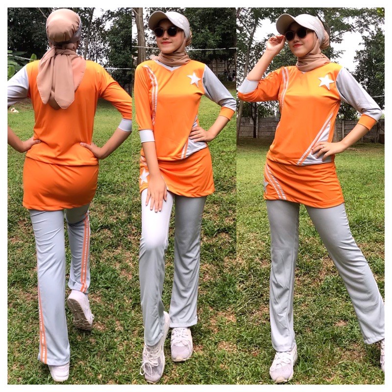 New Setelan celana Orange abu bintang 1 rok baju senam New Setelan celana Orange abu bintang 1 rok baju senam