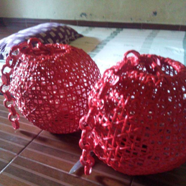 Lampion Gantung Bentuk Bulat Bahan Rotan Sintetis - Tempat Lampu - Wadah Lampu - Kap Lampu Bundar