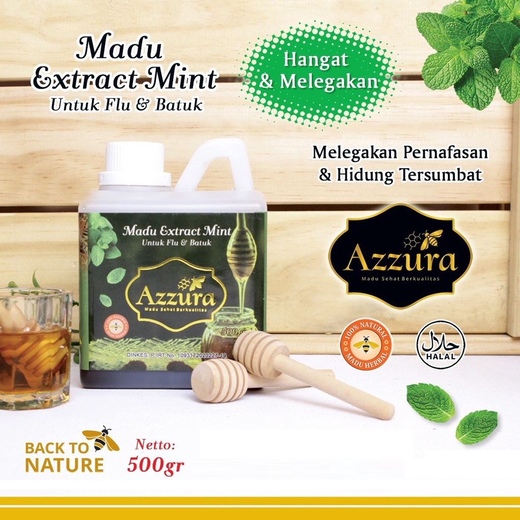 Madu Extract Mint Madu Herbal Azzura | Madu Flu Batuk Pernafasan dan Hidung Tersumbat [ 300/450/500 gram ]-500