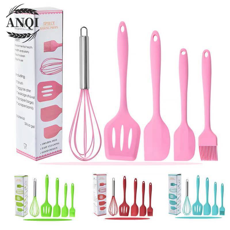 ANQI 1888 Set Spatula Peralatan Masak Sutil Silikon Non Stick Cooking Tools Isi 5 Pcs / VS
