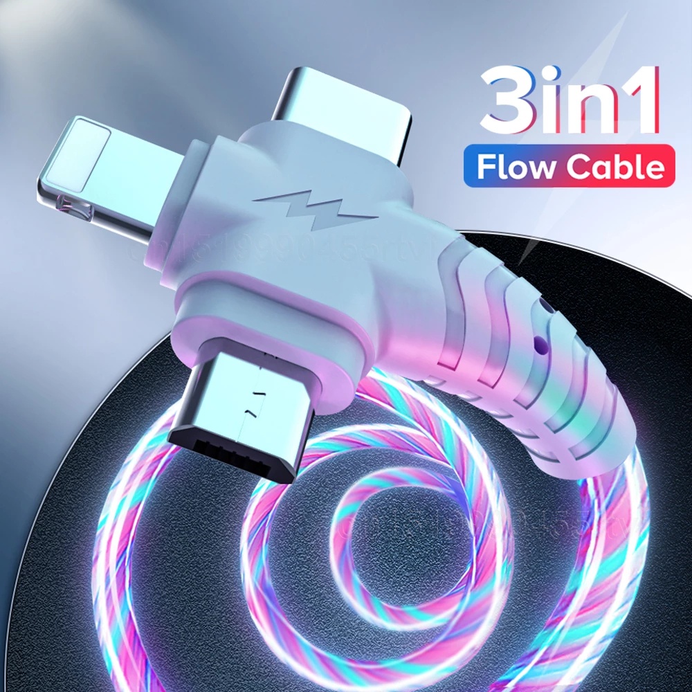 3 in 1 LED Glow Flowing Charging Cable/ USB Type C Fast Charger Wire For iPhone Android Phone