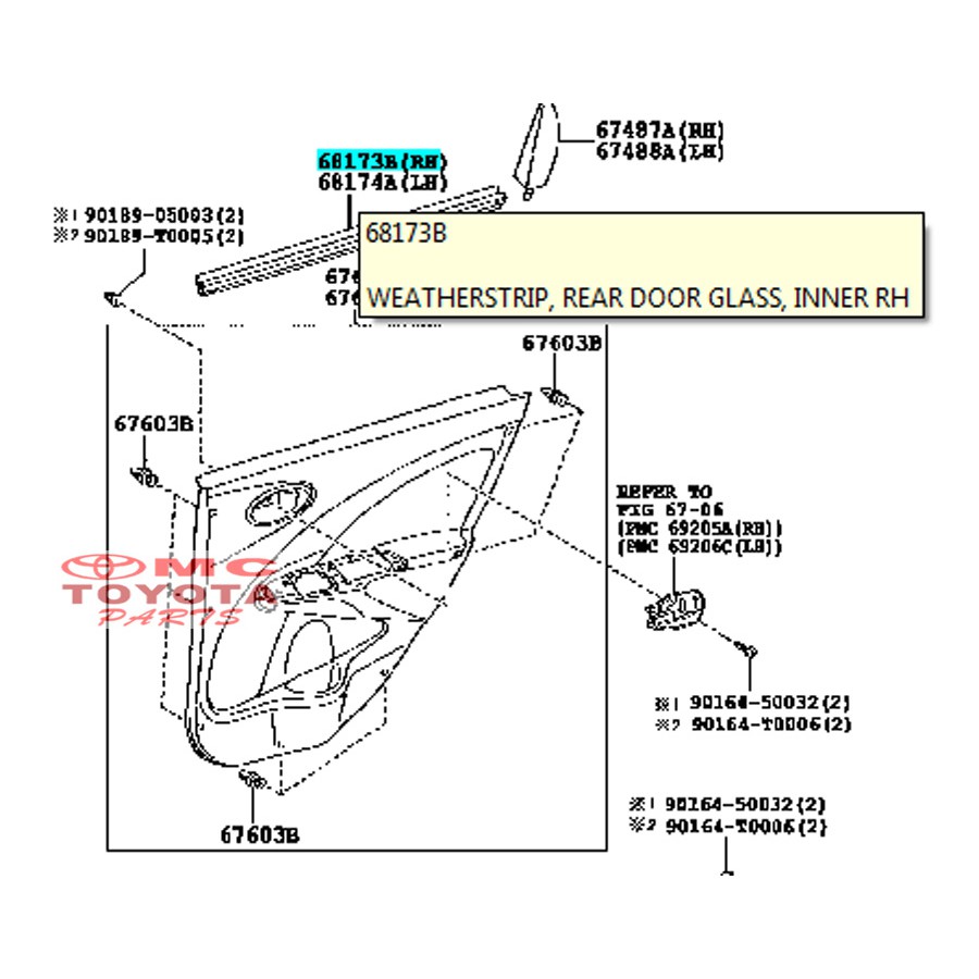 Pelipit Pintu  Karet Kaca Dalam Belakang Kanan Etios 68173-0D120