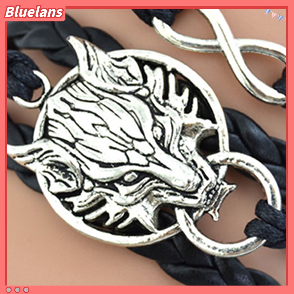 Bluelans Women Retro Wolf Head Charm Infinite Braided Faux Leather Wax Cord Bracelet