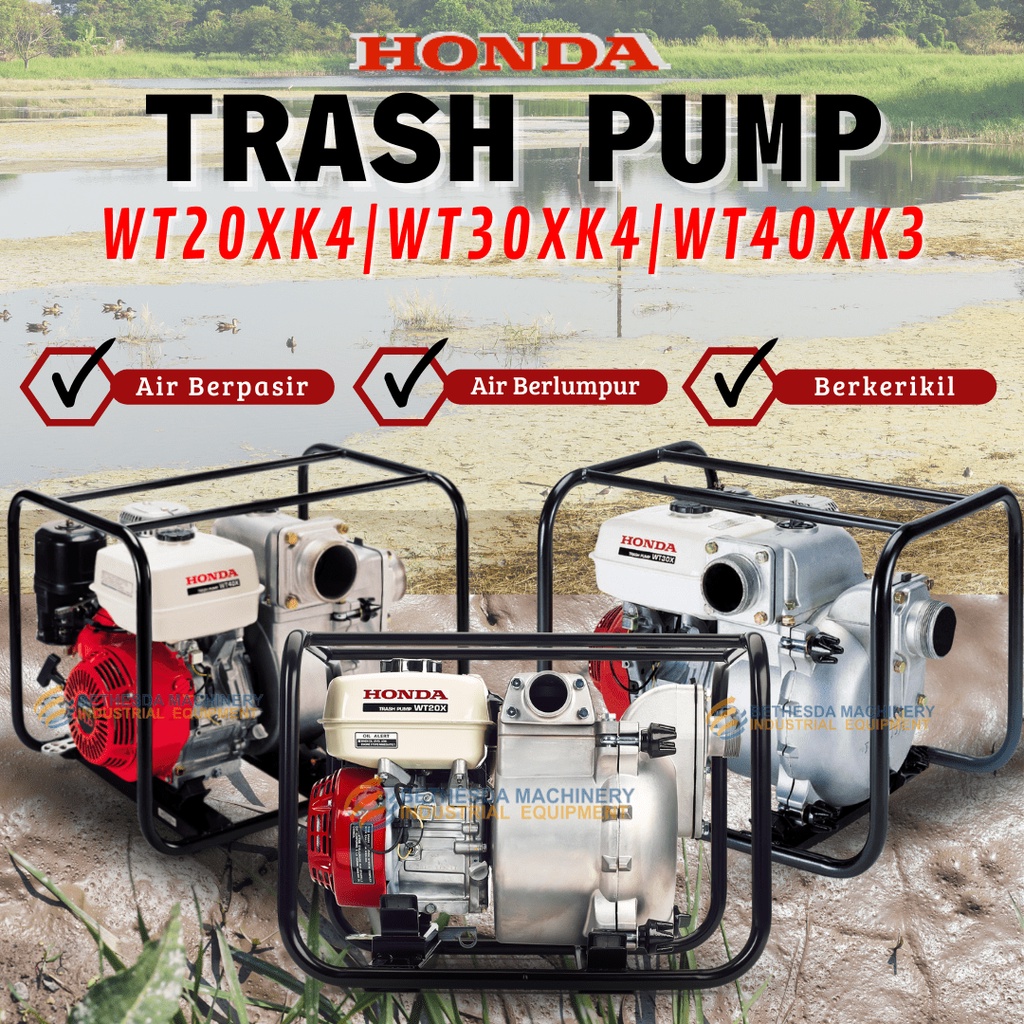 Pompa Air Kotor Honda WT30XK4 3 Inci, Pompa Trash Self-Priming dengan Mesin GX270T2