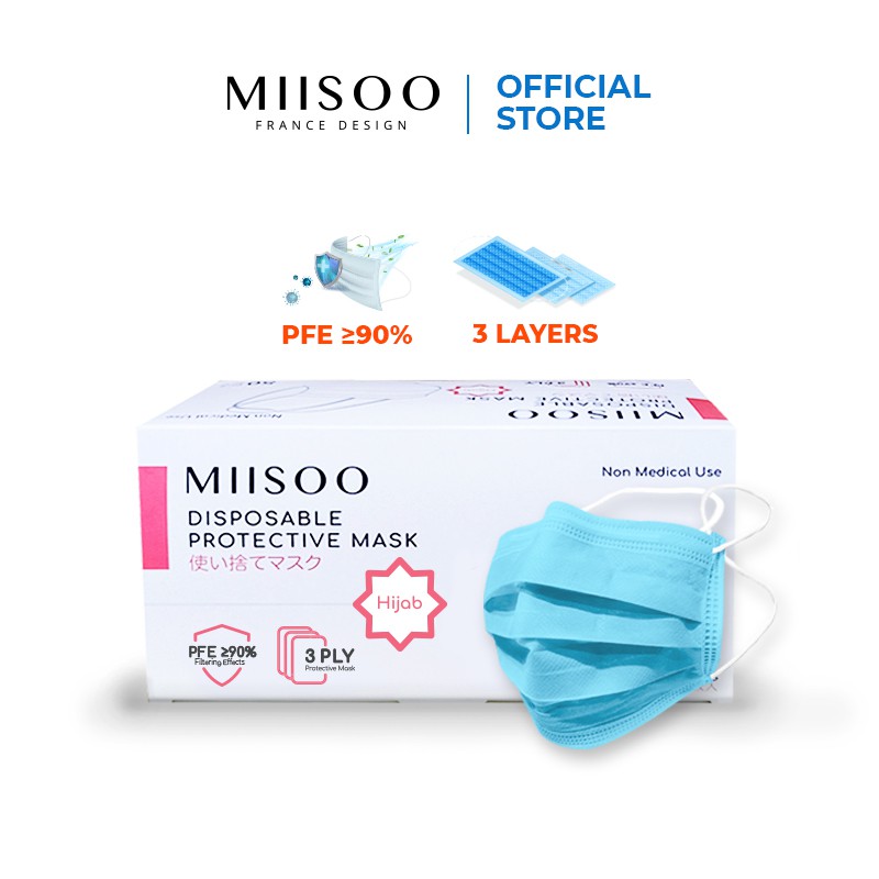 MIISOO Disposable Facemask Hijab Headloop 50pcs/BOX Masker Kesehatan 3ply Masker wajah IZIN BNPB