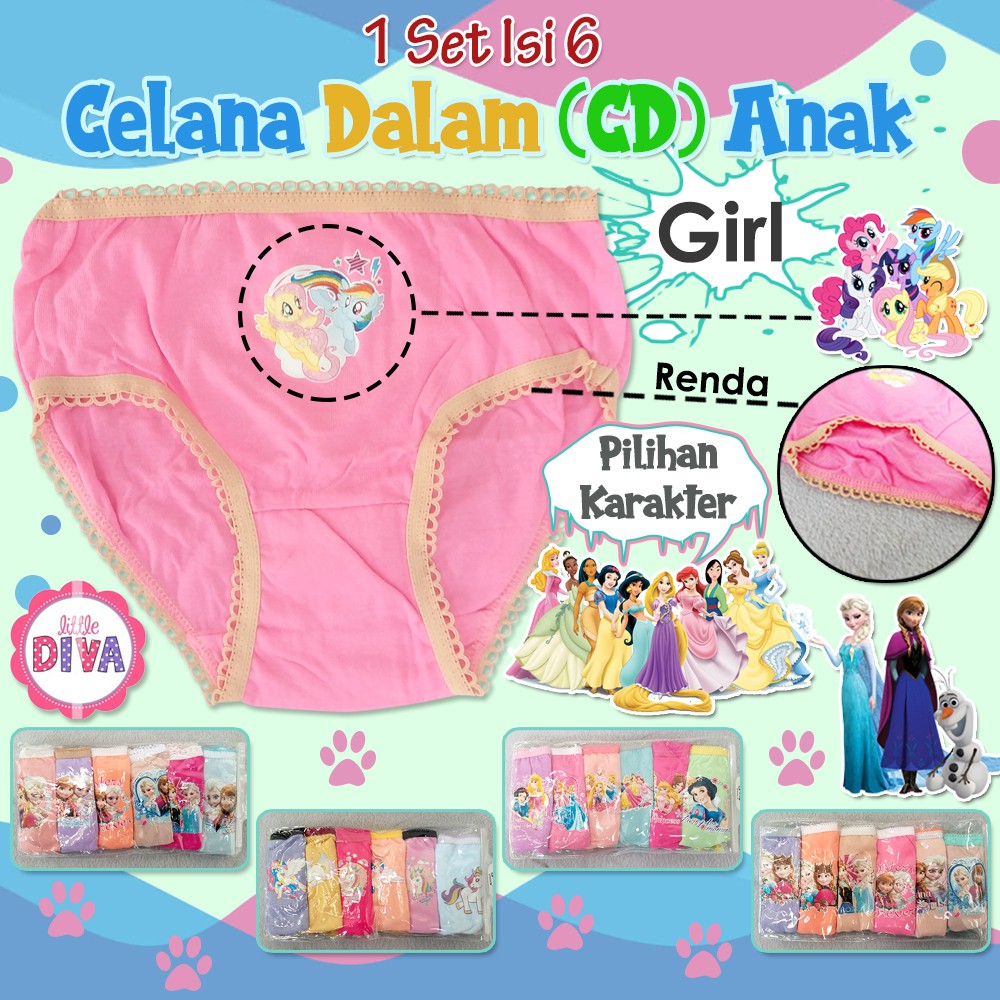 Celana Dalam Bayi Perempuan 0 2 3 9 10 11 12 bulan 1 SET isi 6pcs CD Anak Cewek segitiga Girl bahan Katun Karakter