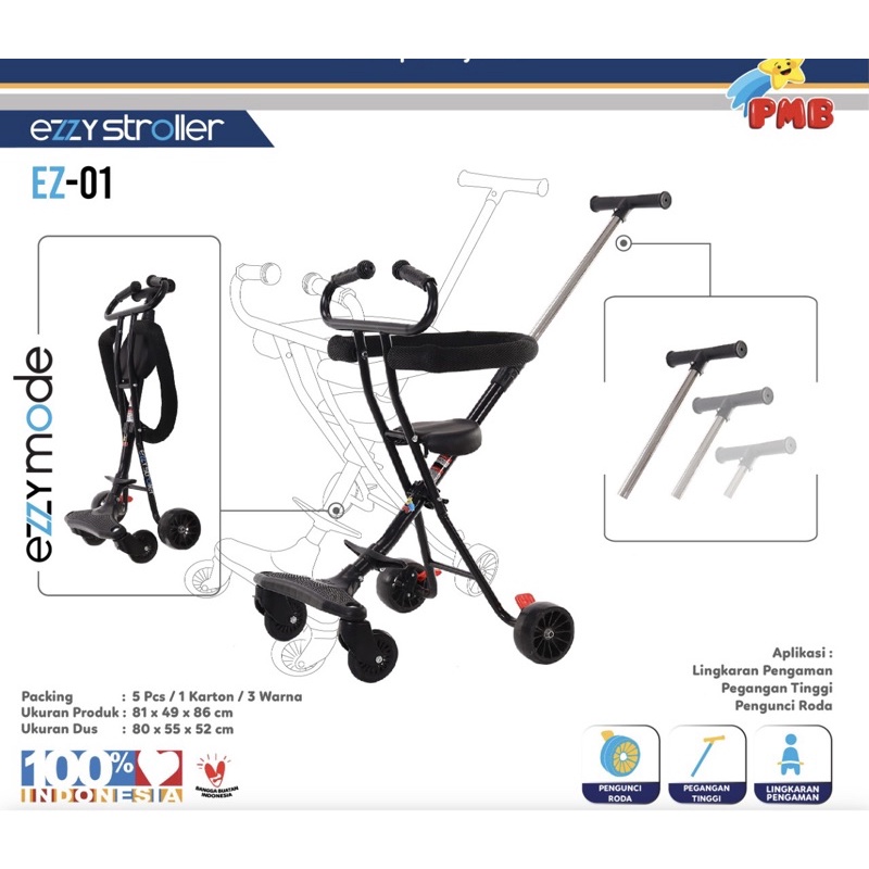 Stroller Anak PMB Ezzy EZ01 EZ02 Kereta Dorong Balita Trike Sepeda Anak Lipat SNI Garansi-Hitam