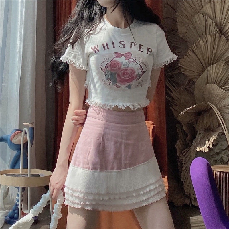 Suhao Vintage Rose Rabbit Desain Sensorik Lace Patch Lengan Pendek T-Shirt Perempuan Siswa Pendek Strap Spice Girl