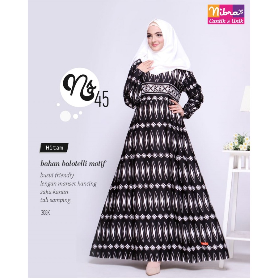 NIBRAS GAMIS SYAR'I NS 45 HITAM BALOTELLI BUSUI FASHION WANITA MUSLIMAH MURAH MODERN TERBARU JUMBO