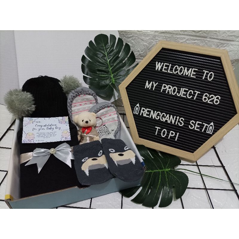 RENGGANIS SET | BABY HAMPERS BAYI GIFT KADO SET | PAKET LAHIRAN BAYI LAKI - LAKI PEREMPUAN UNISEX-Kupluk Black