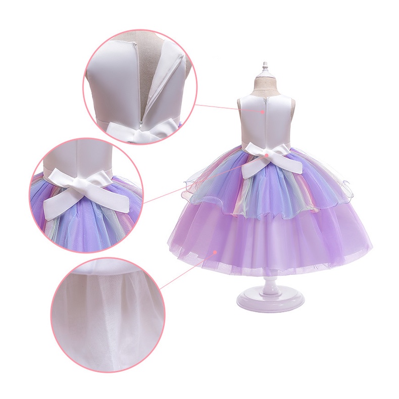 KOMUNI PERTAMA Gaun Unicorn Anak Perempuan Flower girl Unicorn rainbow wedding party dress