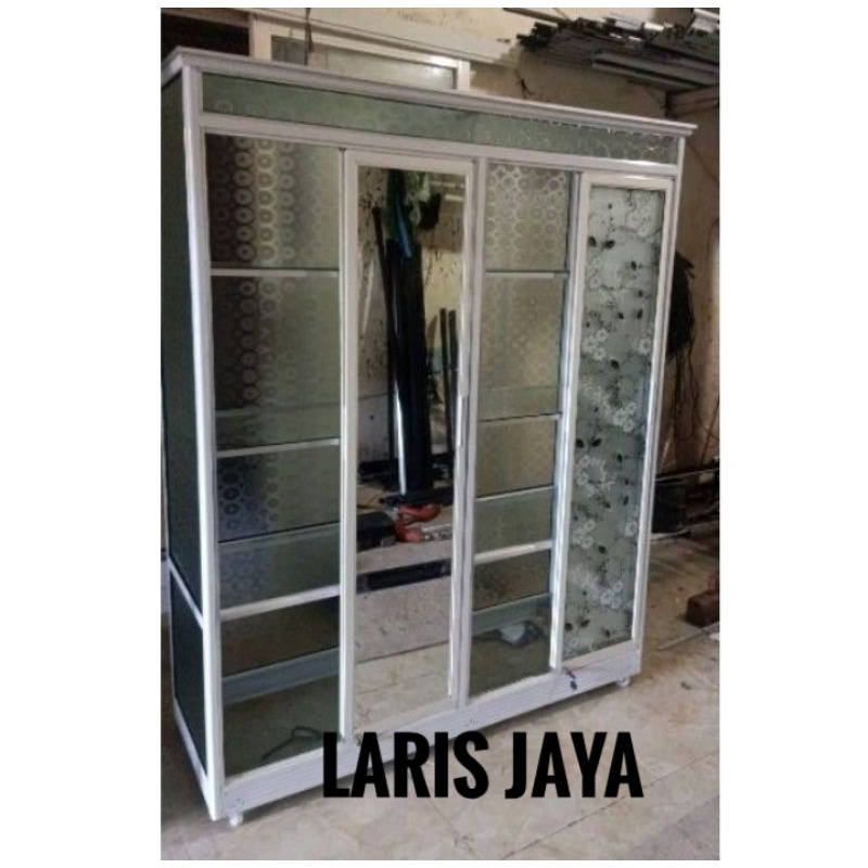 LEMARI PAKAIAN BAJU 4PT SLIDING ALUMUNIUM ALMINI FULL SAP KACA