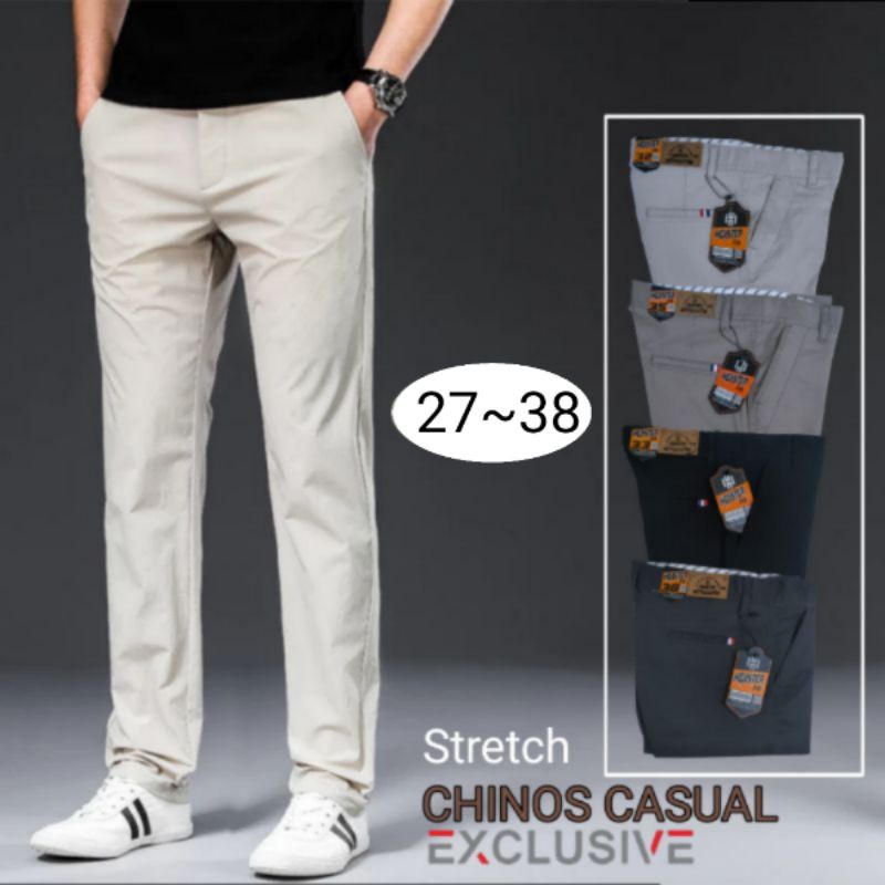 Celana Panjang Pria Chino Slimfit Casual Bahan Melar Tebal Elastis Warna Hitam Krem Abu Moca