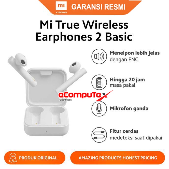EARPHONE MI TRUE WIRELESS 2 BASIC XIAOMI WHITE (RESMI TAM) HEADSET HEADPHONE / XIAOMI TWS 2 BASIC