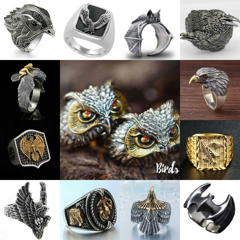 Cincin tengkorak pria wanita antik punk grunge rock style birds animals series